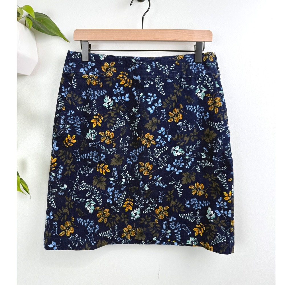 Talbots Navy Blue Floral Corduroy Mini Skirt Pockets Fall Leaf 6 Academia Preppy